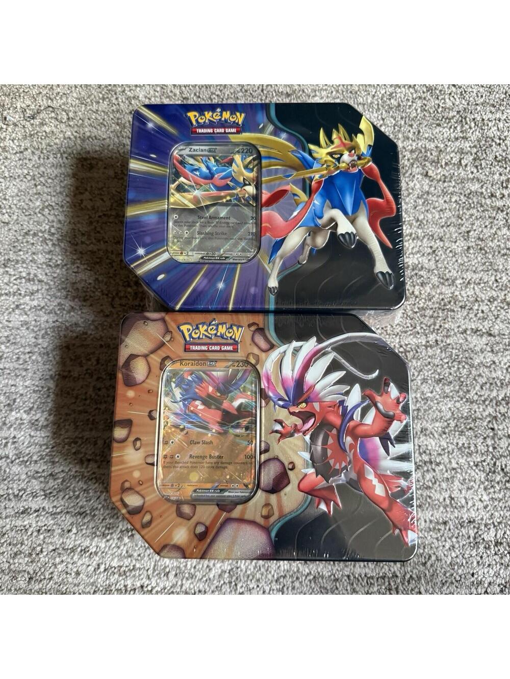 -LOT OF 2-POKEMON TCG: KORAIDON ZACIAN EX- SLASHING LEGENDS TIN- 5packs each tin